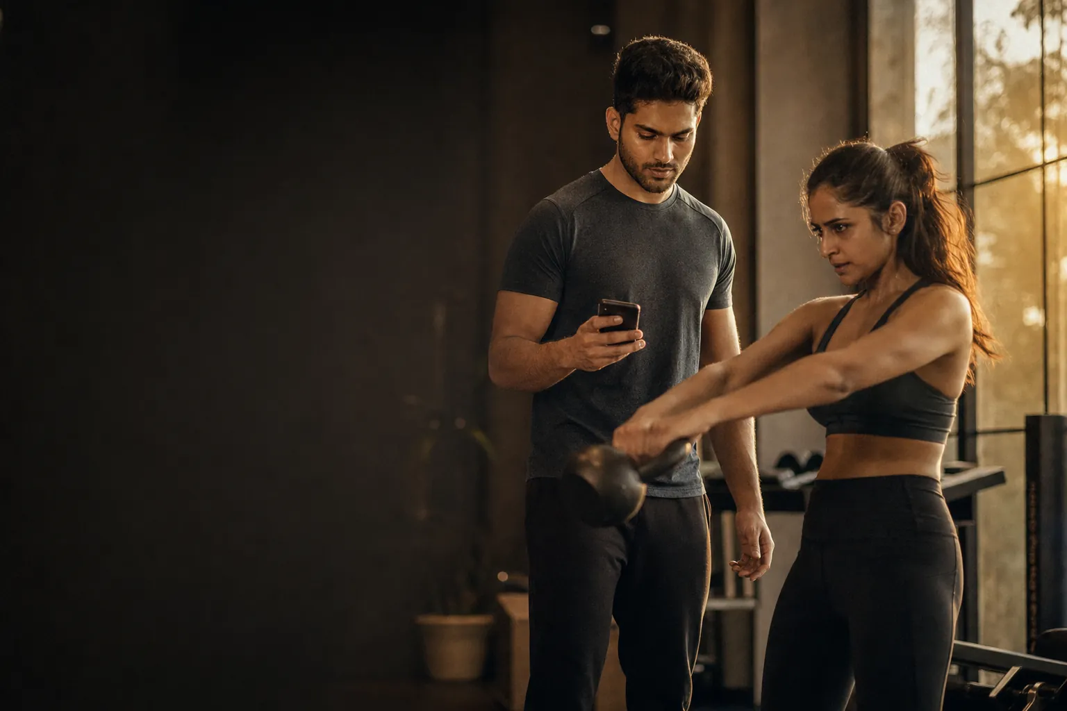 A personal trainer coaching a client through a kettlebell swing
